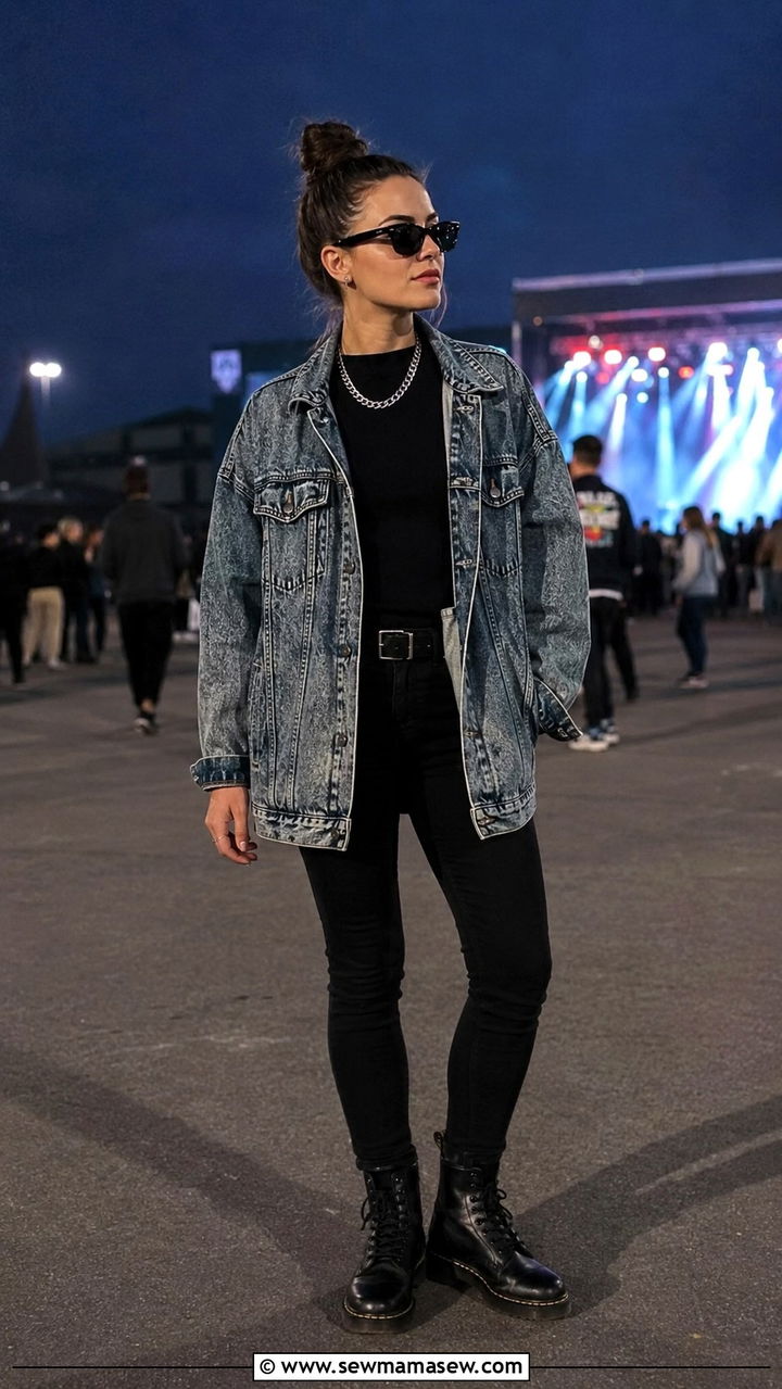 Acid wash denim jacket with black skinny jeans - 25 Rock The Bells outfit ideas