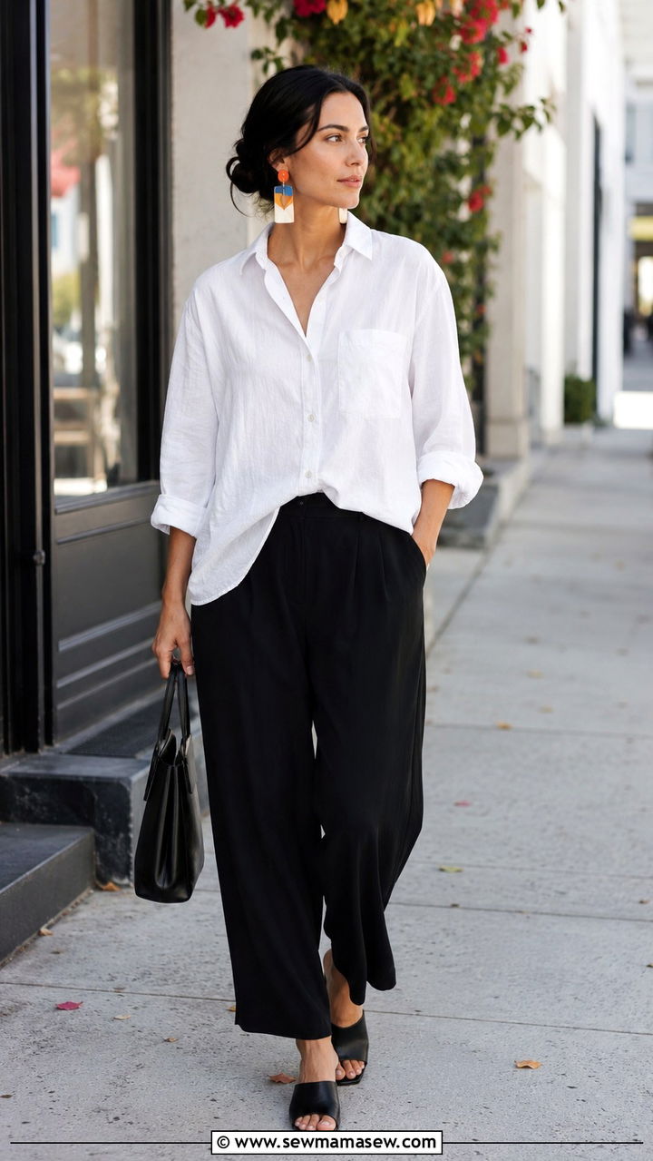 Acrylic Abstract Earrings With White Button Down And Relaxed Trousers - 30 Statement earrings outfit ideas