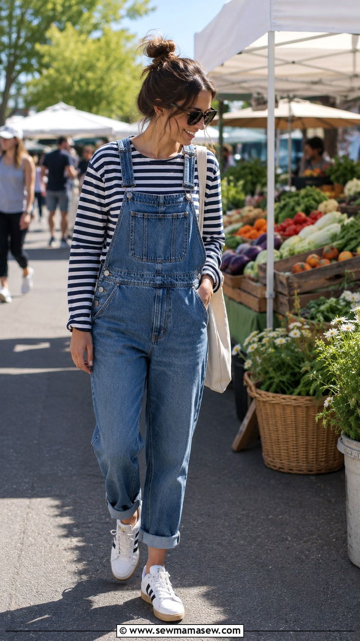 Adidas Samba with denim overalls and striped tee - 25 Adidas Samba outfit ideas