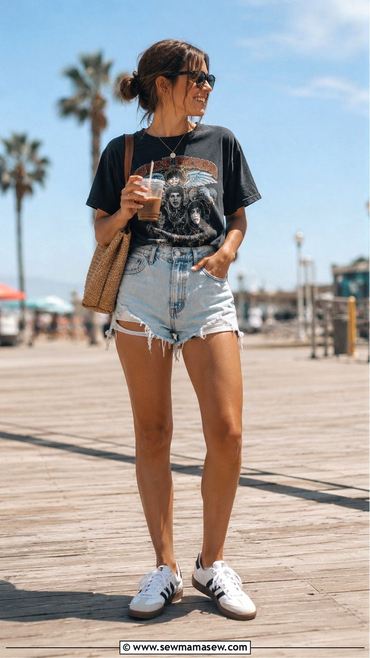 Adidas Samba with denim shorts and graphic tee - 25 Adidas Samba outfit ideas