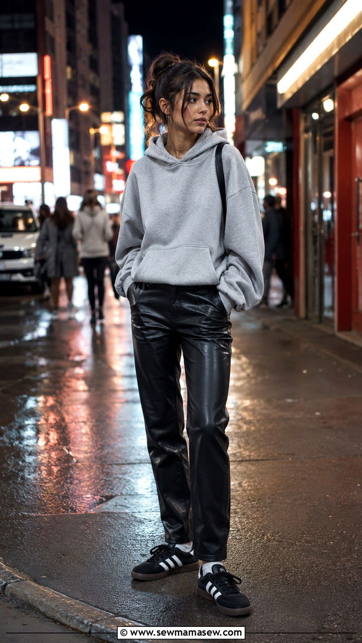 Adidas Samba with leather pants and hoodie - 25 Adidas Samba outfit ideas