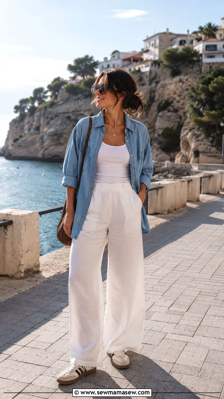 Adidas Samba with linen wide leg pants and button down - 25 Adidas Samba outfit ideas