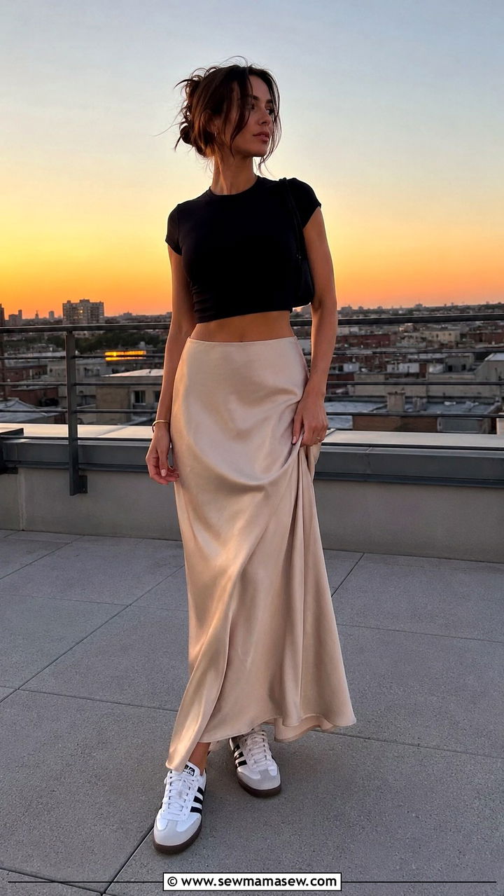Adidas Samba with satin maxi skirt and crop top - 25 Adidas Samba outfit ideas