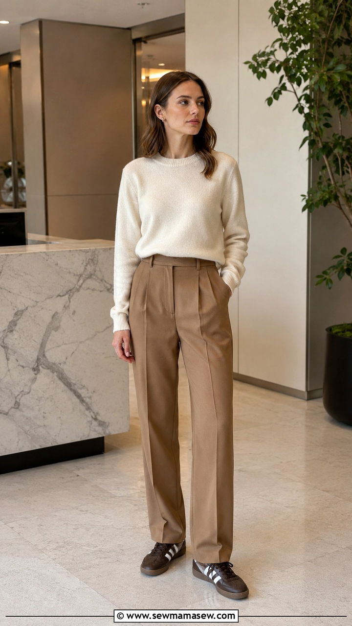 Adidas Samba with tailored trousers and cashmere sweater - 25 Adidas Samba outfit ideas