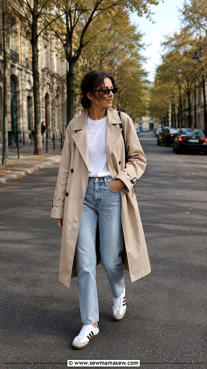 Adidas Samba with trench coat and jeans - 25 Adidas Samba outfit ideas