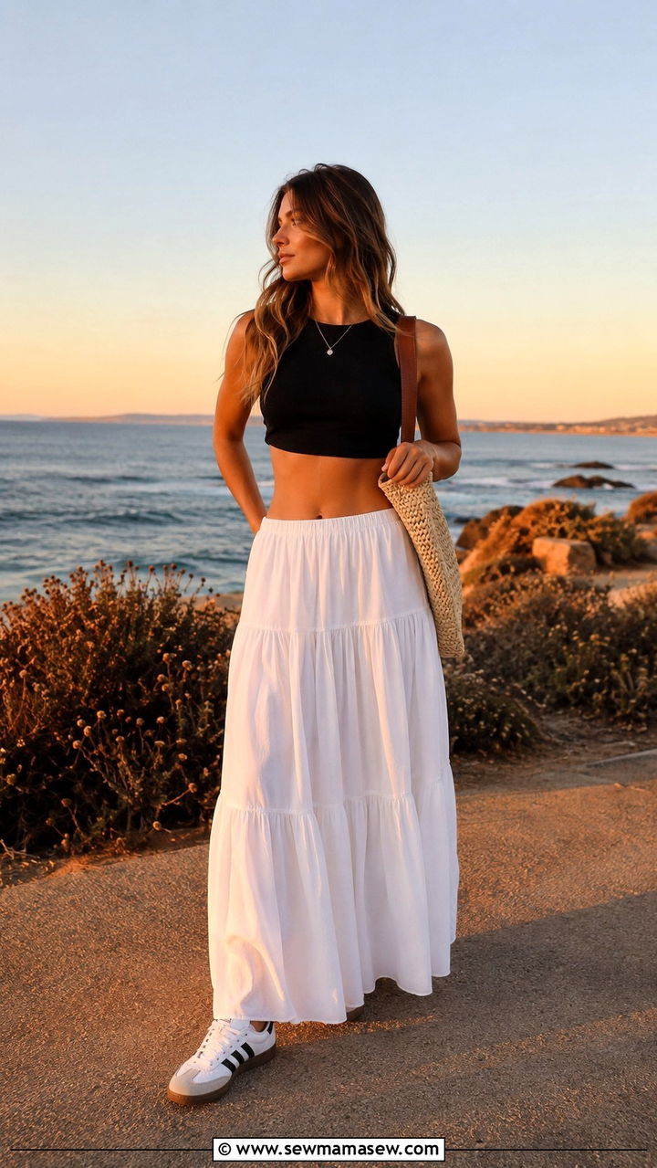 Adidas Samba with white maxi skirt and cropped top - 25 Adidas Samba outfit ideas