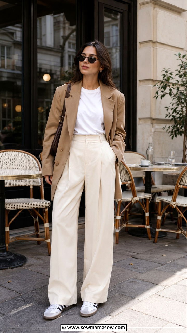 Adidas Samba with wide leg trousers and blazer - 25 Adidas Samba outfit ideas