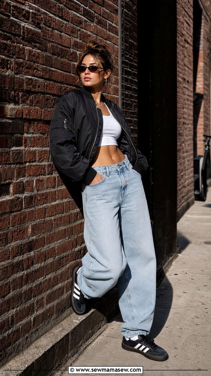 Adidas Sambas with a cropped bomber jacket and baggy jeans - 25 Sporty chic outfit ideas with Adidas Sambas
