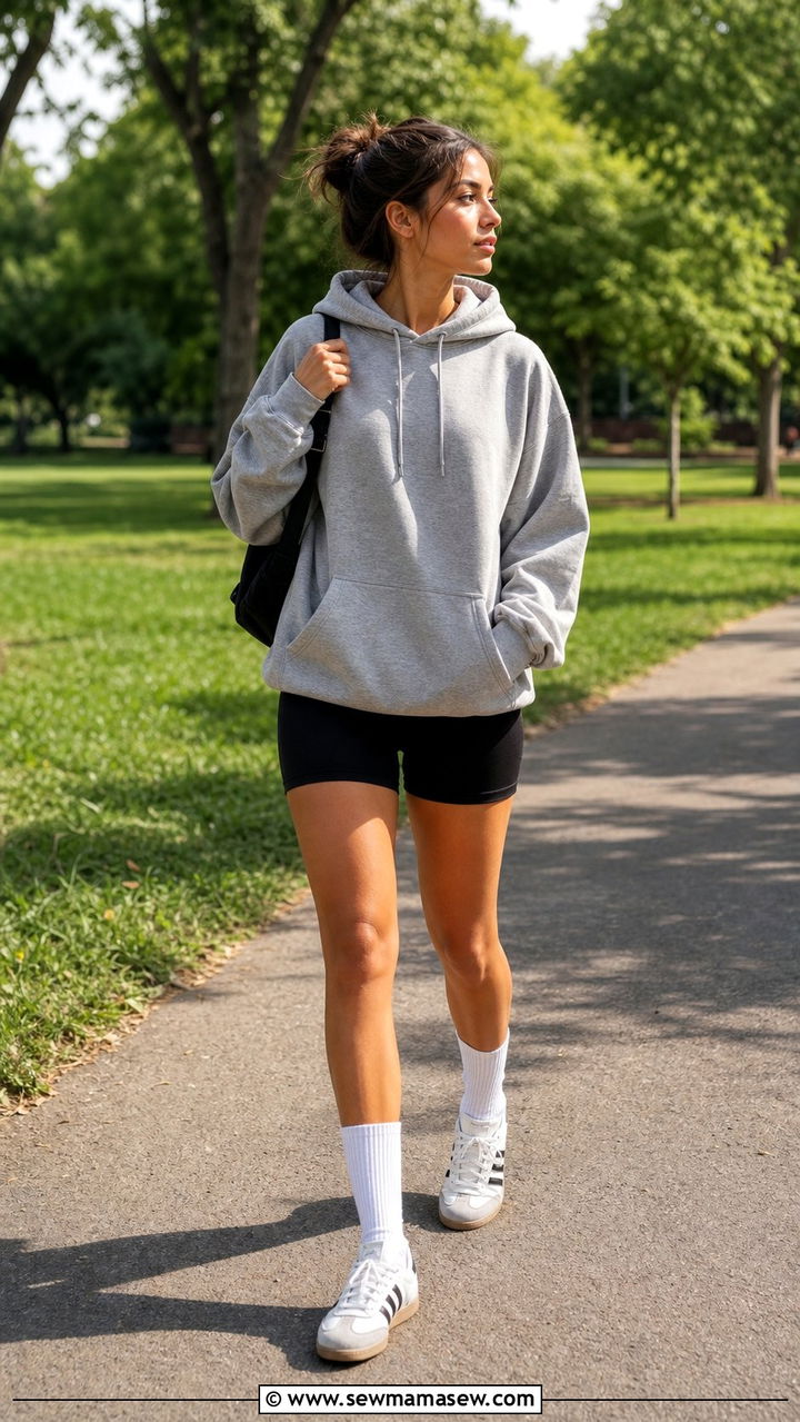Adidas Sambas with a hoodie and bike shorts - 25 Sporty chic outfit ideas with Adidas Sambas