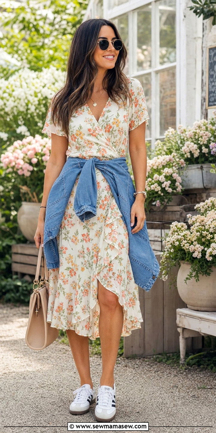 Adidas Sambas with a printed midi dress - 25 Sporty chic outfit ideas with Adidas Sambas