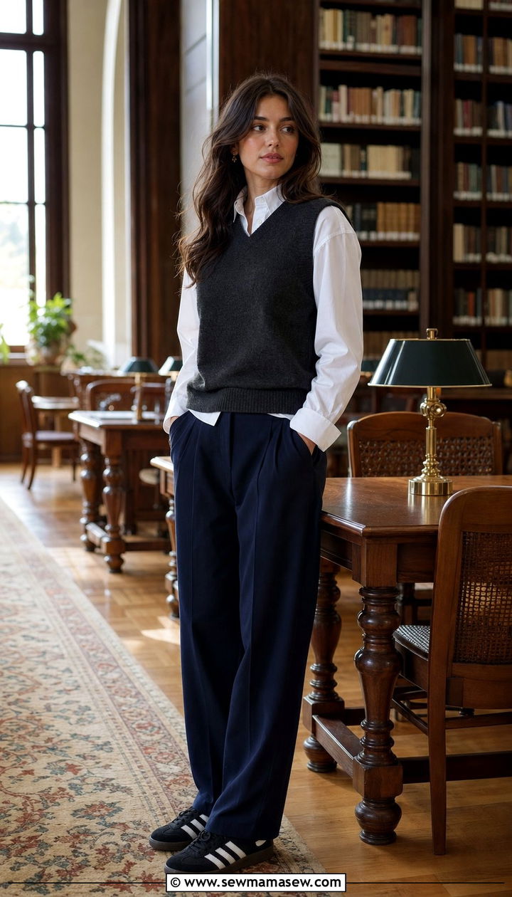 Adidas Sambas with a sweater vest and pleated trousers - 25 Sporty chic outfit ideas with Adidas Sambas