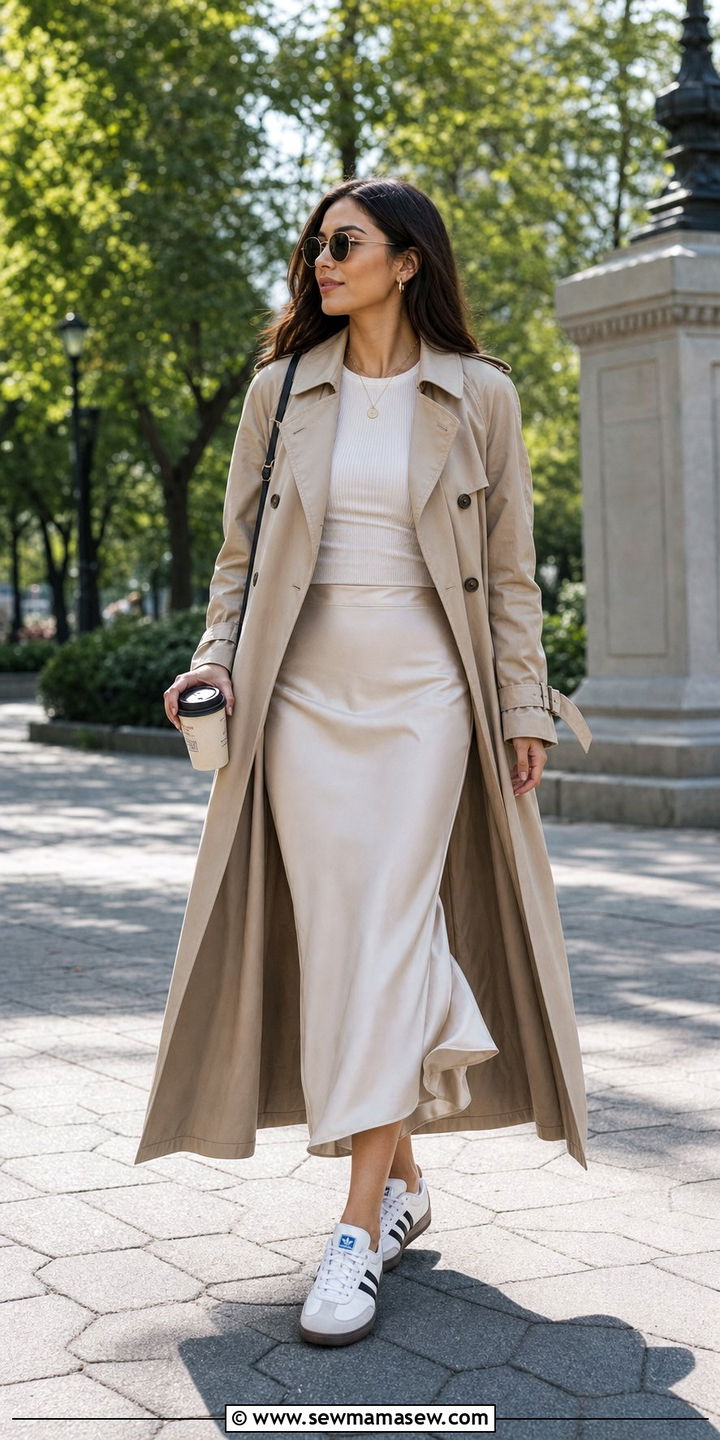 Adidas Sambas with a trench coat and midi skirt - 25 Sporty chic outfit ideas with Adidas Sambas