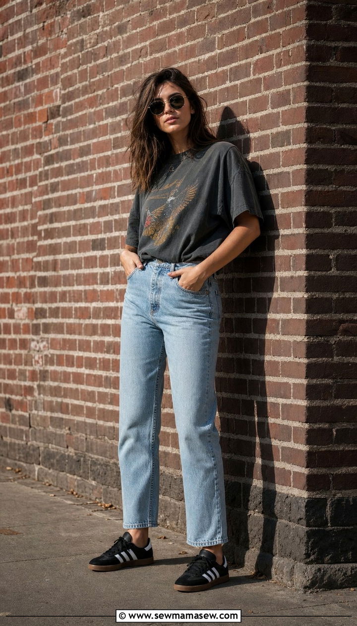 Adidas Sambas with high waist jeans and a vintage tee - 25 Sporty chic outfit ideas with Adidas Sambas