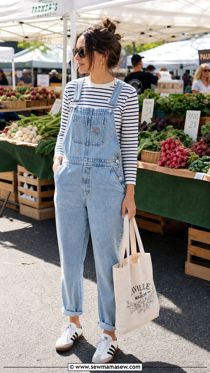 Adidas Sambas with overalls and a striped tee - 25 Sporty chic outfit ideas with Adidas Sambas