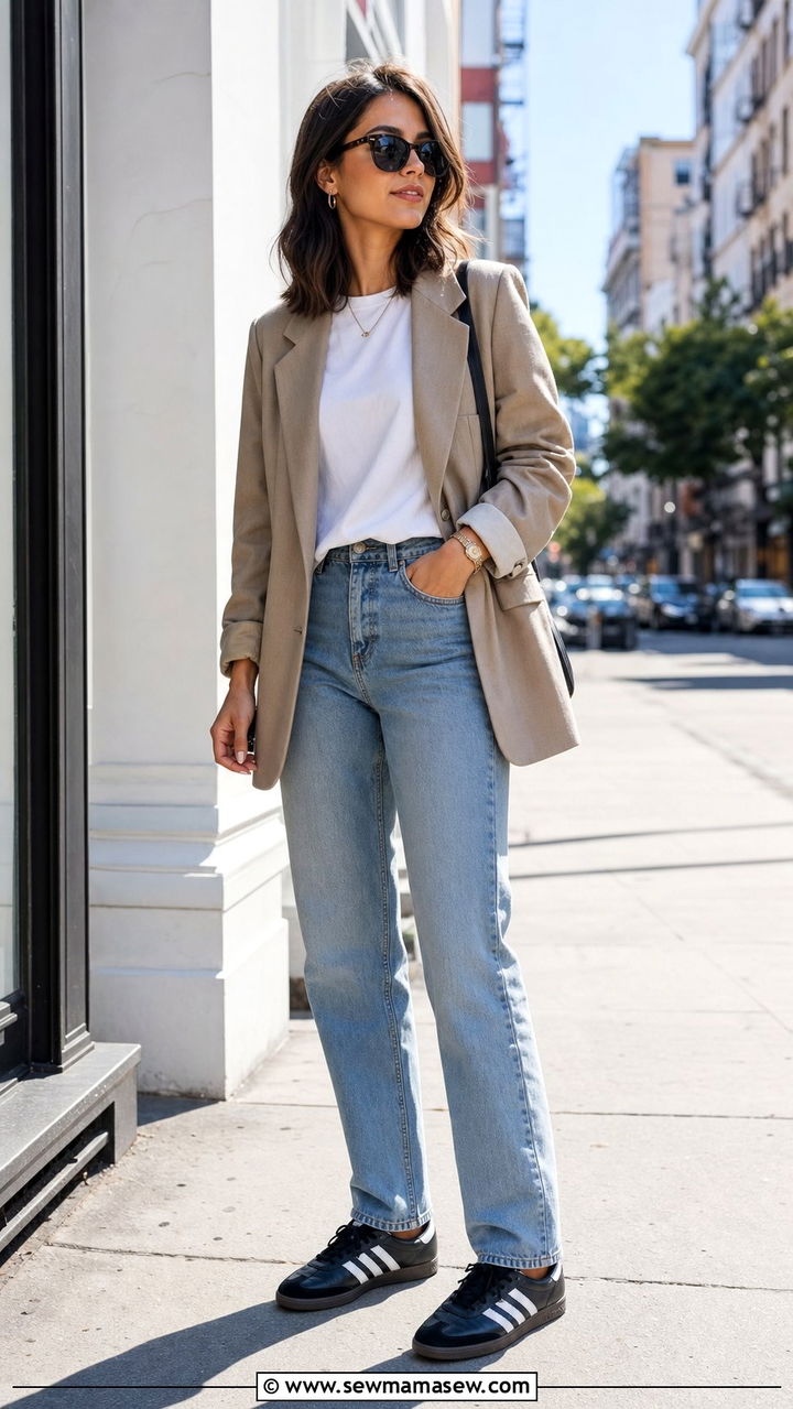 Adidas Sambas with straight leg jeans and a blazer - 25 Sporty chic outfit ideas with Adidas Sambas