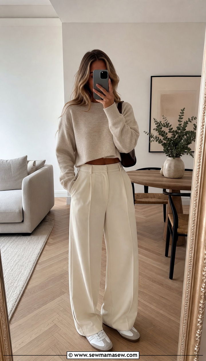Adidas Sambas with wide leg trousers and a cropped sweater - 25 Sporty chic outfit ideas with Adidas Sambas