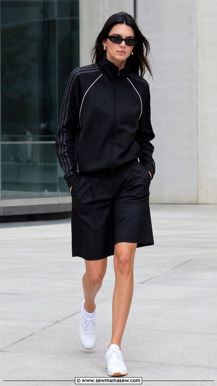 Adidas Sport Jacket and Knee Length Tailored Shorts - 35 Kendall Jenner summer outfit ideas