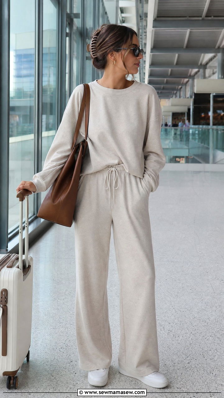 Airport Matching Lounge Set with White Sneakers and a Tote - 30 summer outfit ideas inspo