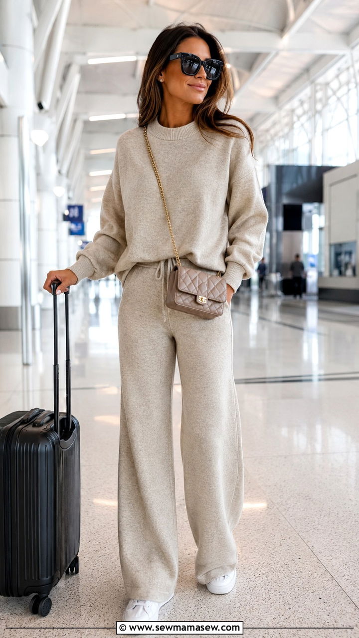 Airport Outfit With Matching Knit Lounge Set - 25 travel outfits Pinterest