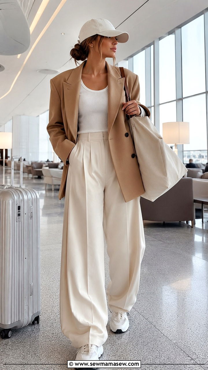 Airport Outfit With Oversized Blazer and Wide Leg Trousers - 25 travel outfits Pinterest