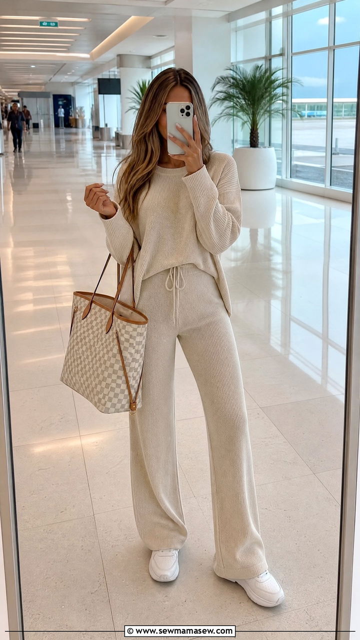 Airport Travel Outfit With Two Piece Knit Set And Sneakers - 25 Cancun vacation outfit ideas
