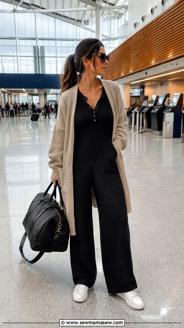Airport outfit with black jumpsuit - 30 How to style a jumpsuit for travel