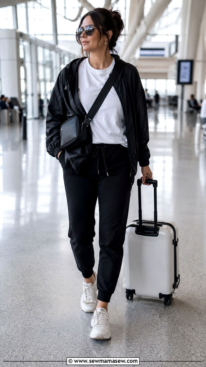 Airport outfit with joggers and jacket - 30 Travel outfits for midsize women
