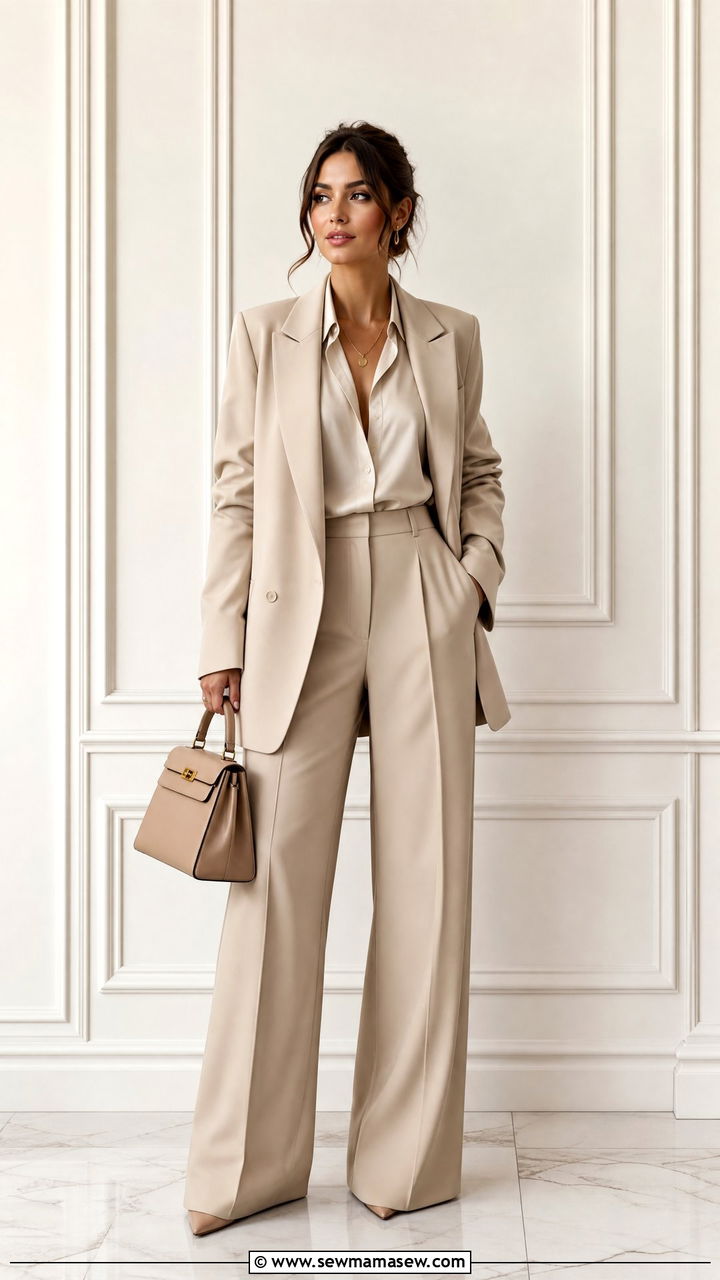 All Beige Monochrome Baggy Suit With Silky Blouse - 20 Baggy suit outfit ideas 2026
