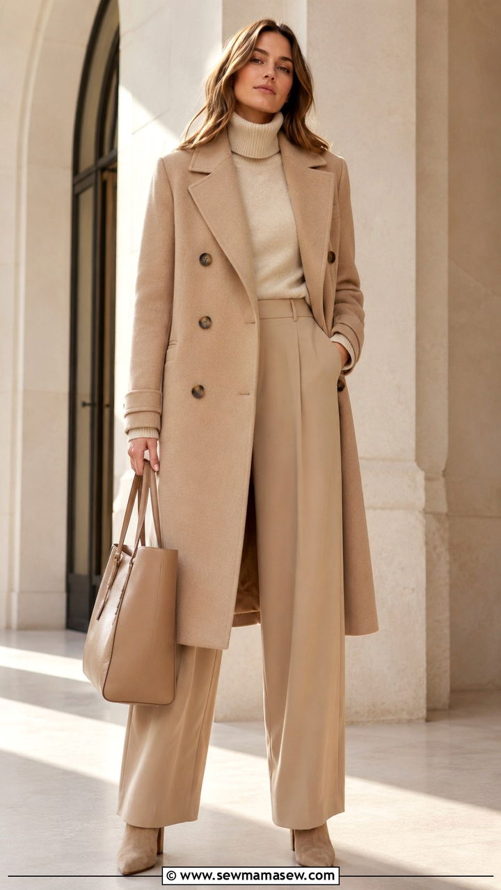 All Beige Monochrome Double Breasted Coat Look - 30 Double breasted coat outfit ideas