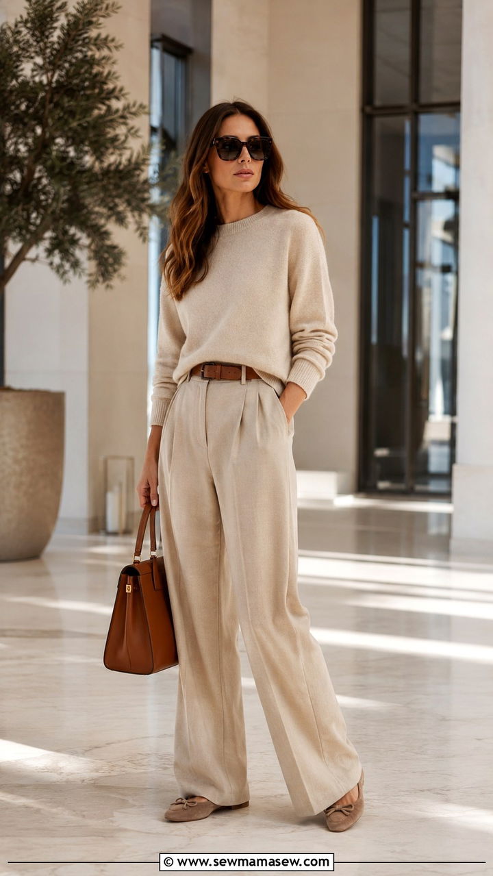 All Beige Monochrome Outfit With Oversized Sunglasses - 20 spring outfits with oversize sunglasses