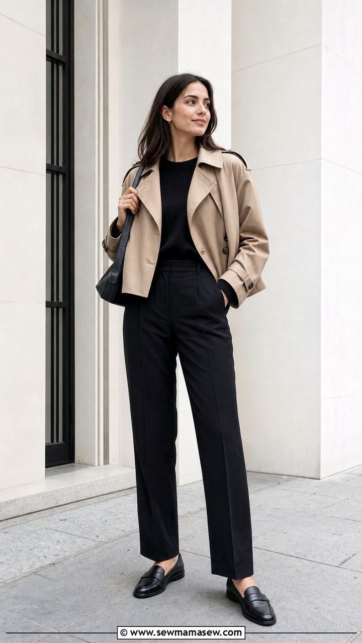 All Black Base With a Beige Cropped Trench - 25 cropped trench outfits 2026