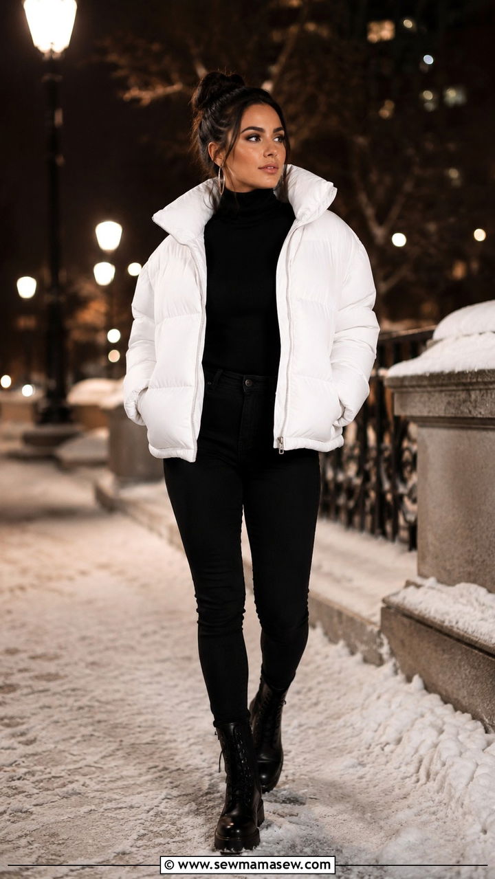All Black Base with White Puffer and Silver Accessories - 30 Iceland outfit ideas