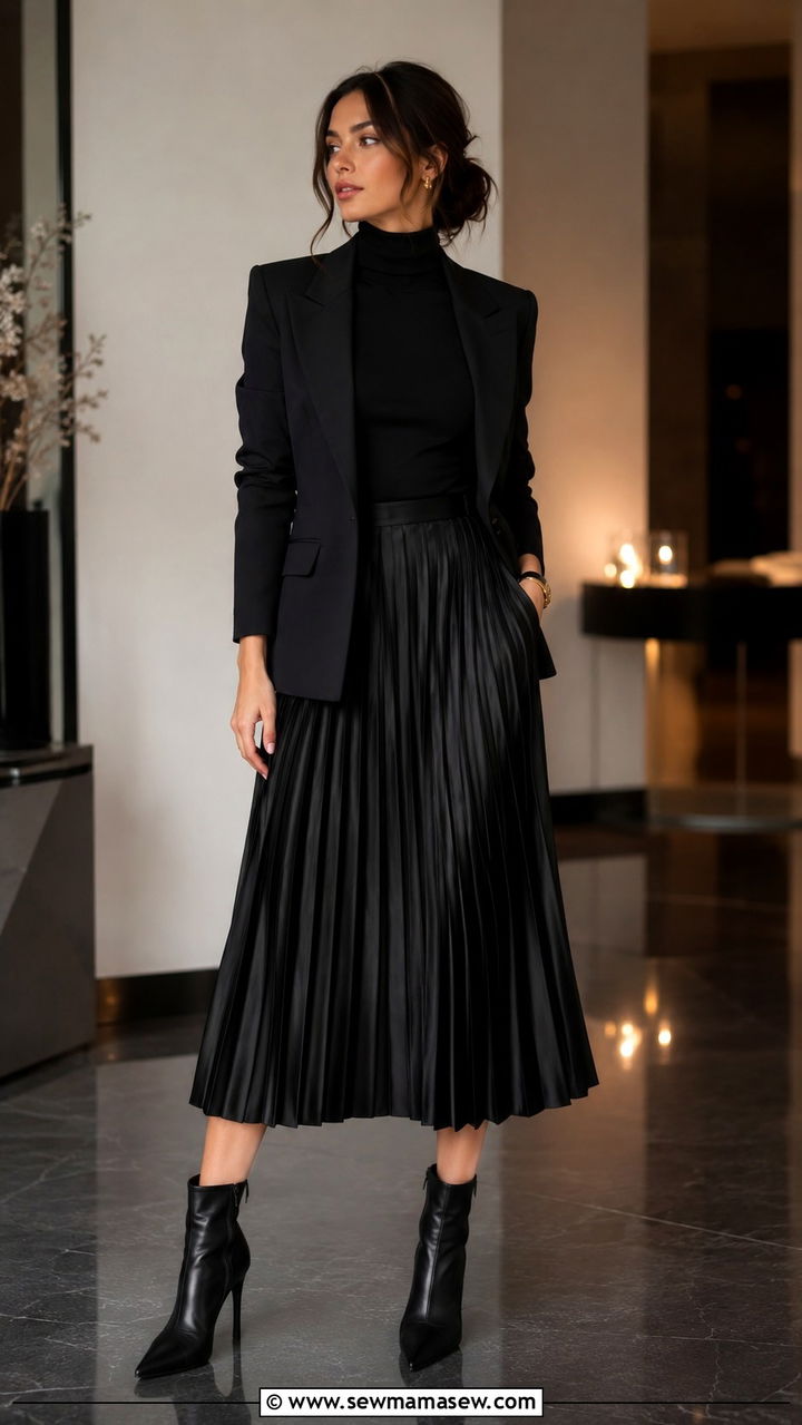 All Black Blazer And Pleated Skirt With Ankle Boots - 30 Pleated skirt outfit ideas with a blazer