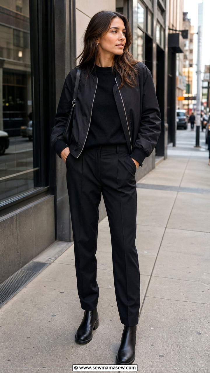 All Black Bomber Outfit With Structured Bag And Sunglasses - 25 how to style bomber jacket
