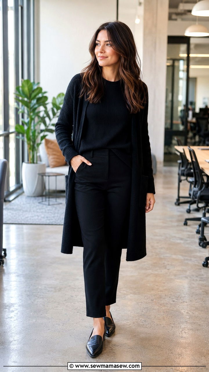 All Black Business Casual Outfit With Knit Top And Trousers - 30 Monochromatic black outfits