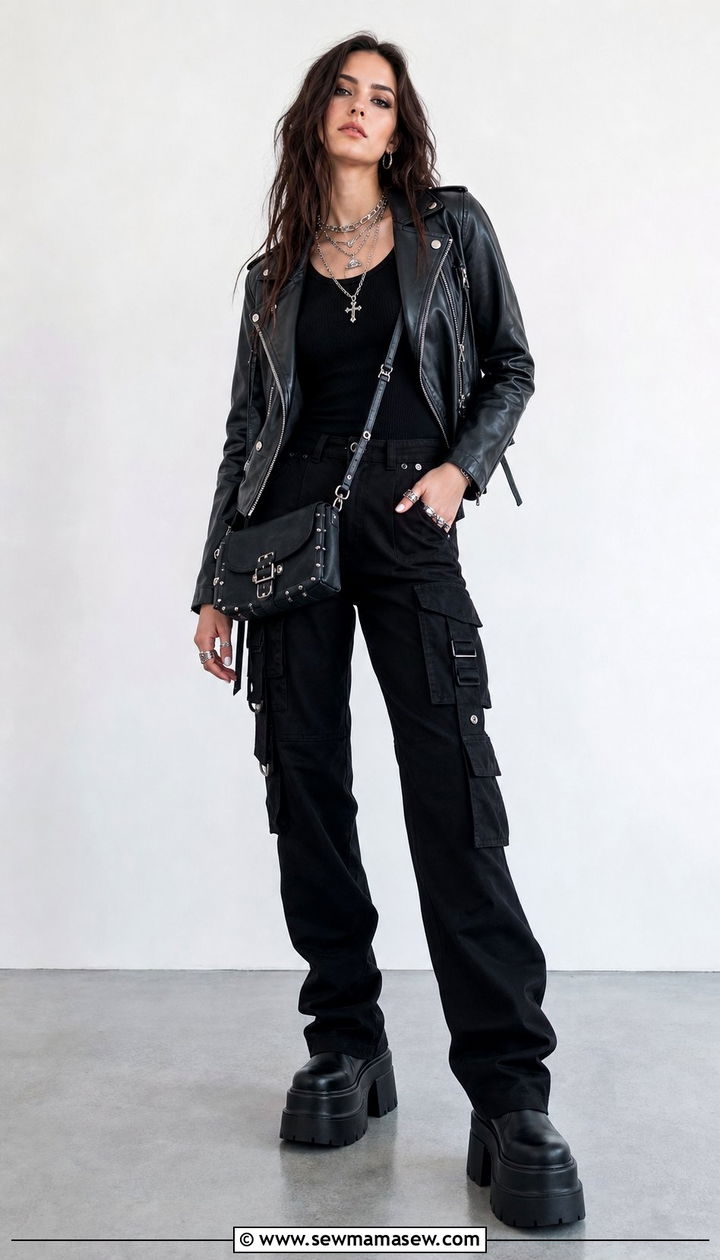 All Black Cargo Pants and Leather Jacket Outfit - 25 concert outfits Pinterest