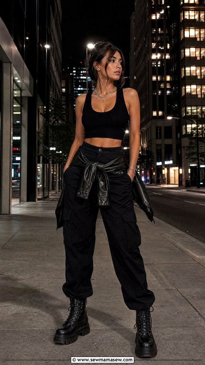 All Black Cargo Pants with Black Tank and Combat Boots - 30 summer cargo pants outfit ideas