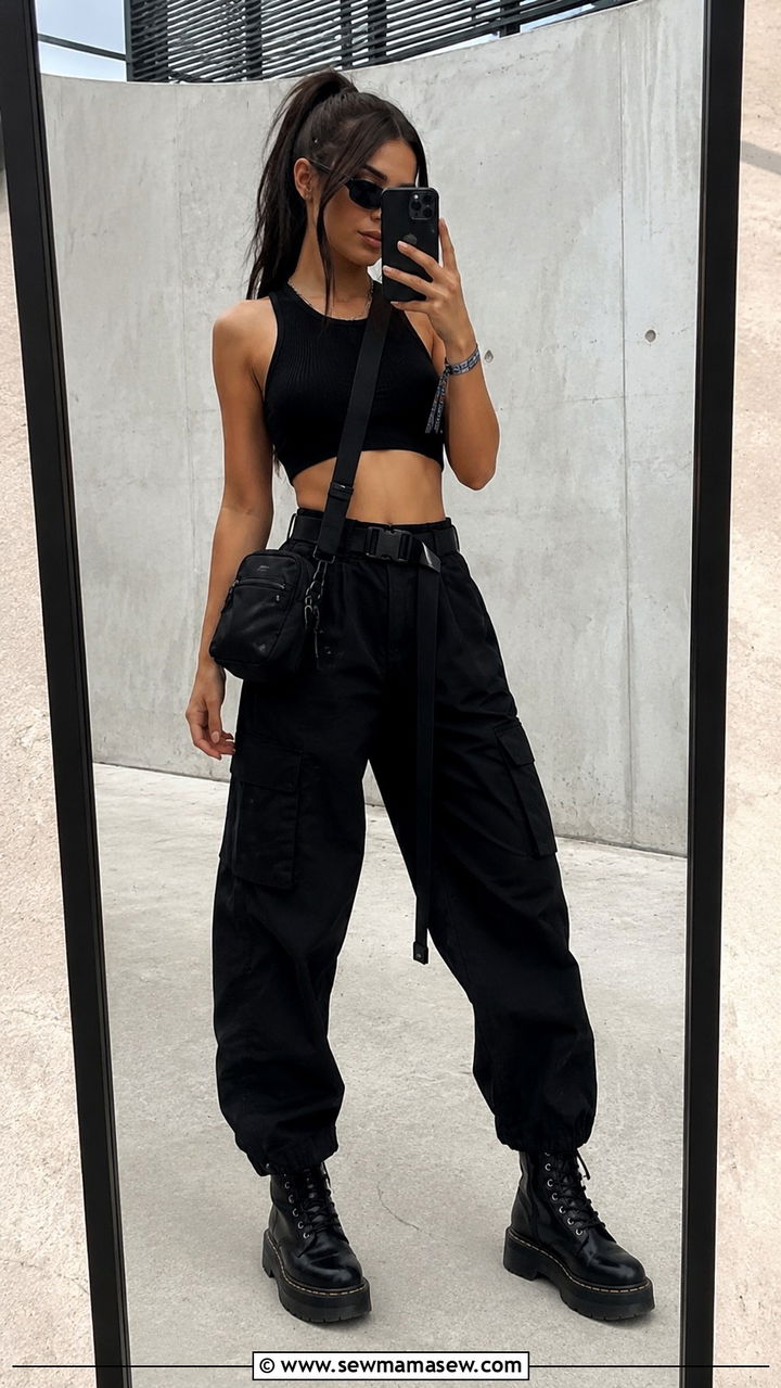 All Black Cargo Pants with Combat Boots and Crop Top - 30 Outdoor concert outfit ideas