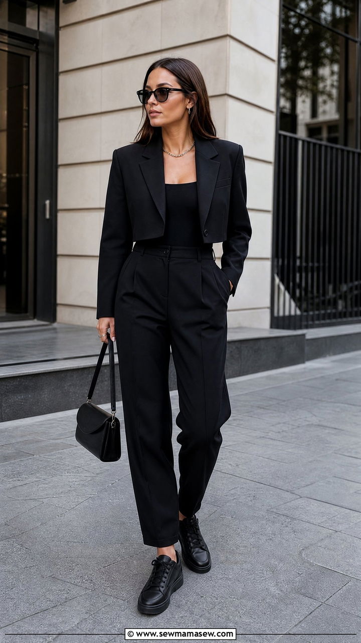 All Black Cropped Blazer Outfit With Black Sneakers - 30 Cropped blazer outfit ideas with sneakers