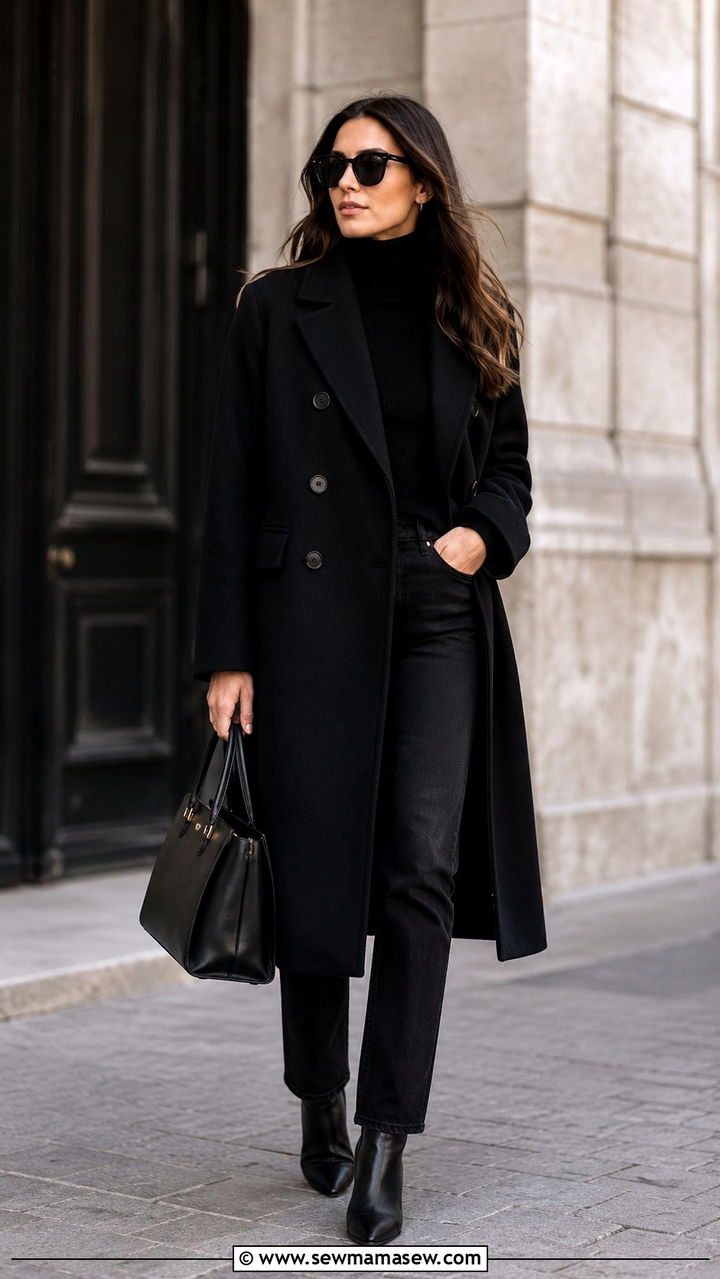 All Black Double Breasted Coat Monochrome Outfit - 30 Double breasted coat outfit ideas