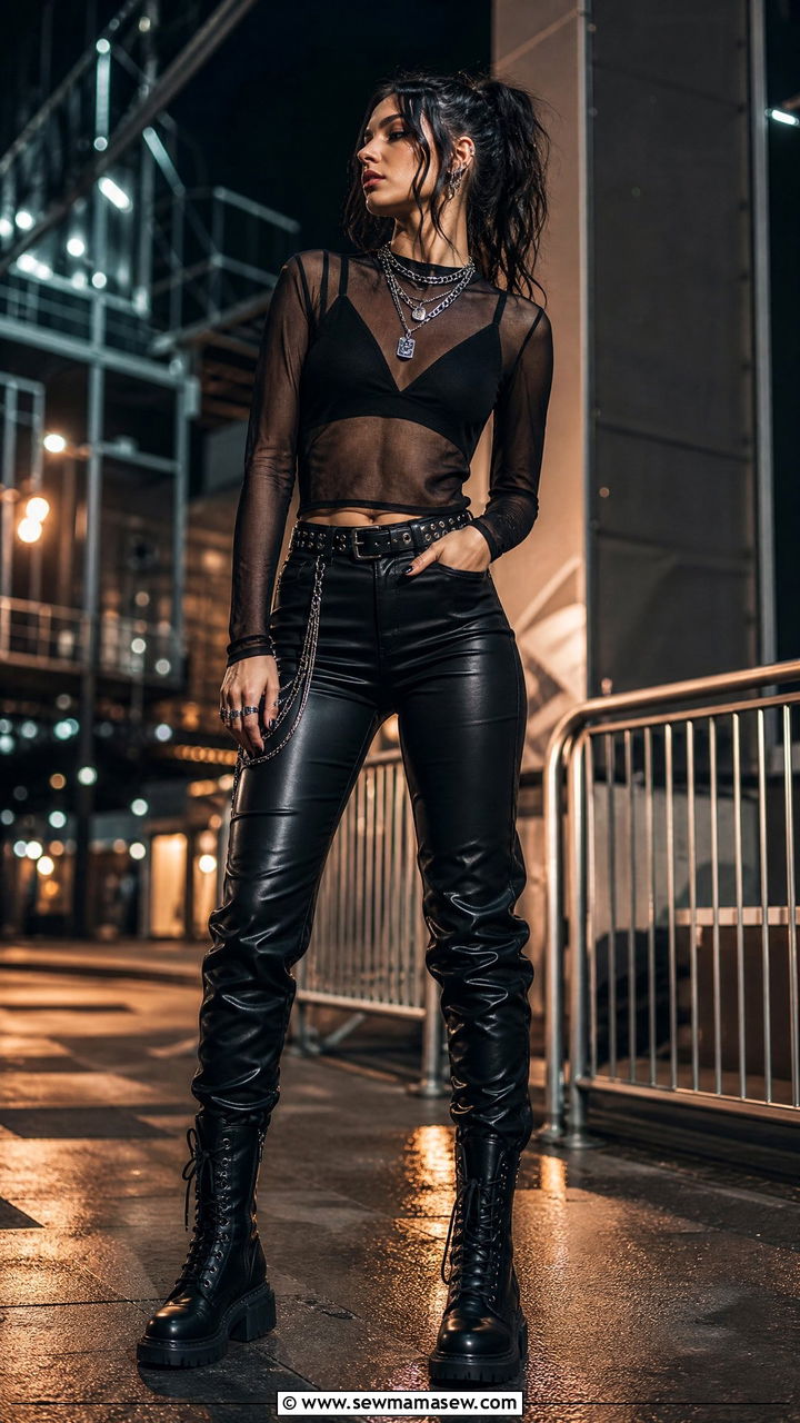 All Black Edgy Look with Mesh Top and Leather Pants - 40 Summer concert outfits