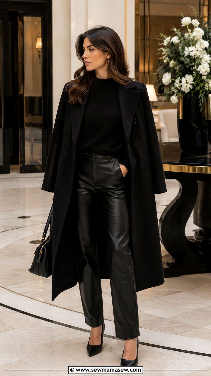 All Black Ensemble With Leather Trousers And Heels - 30 Paris outfits inspo