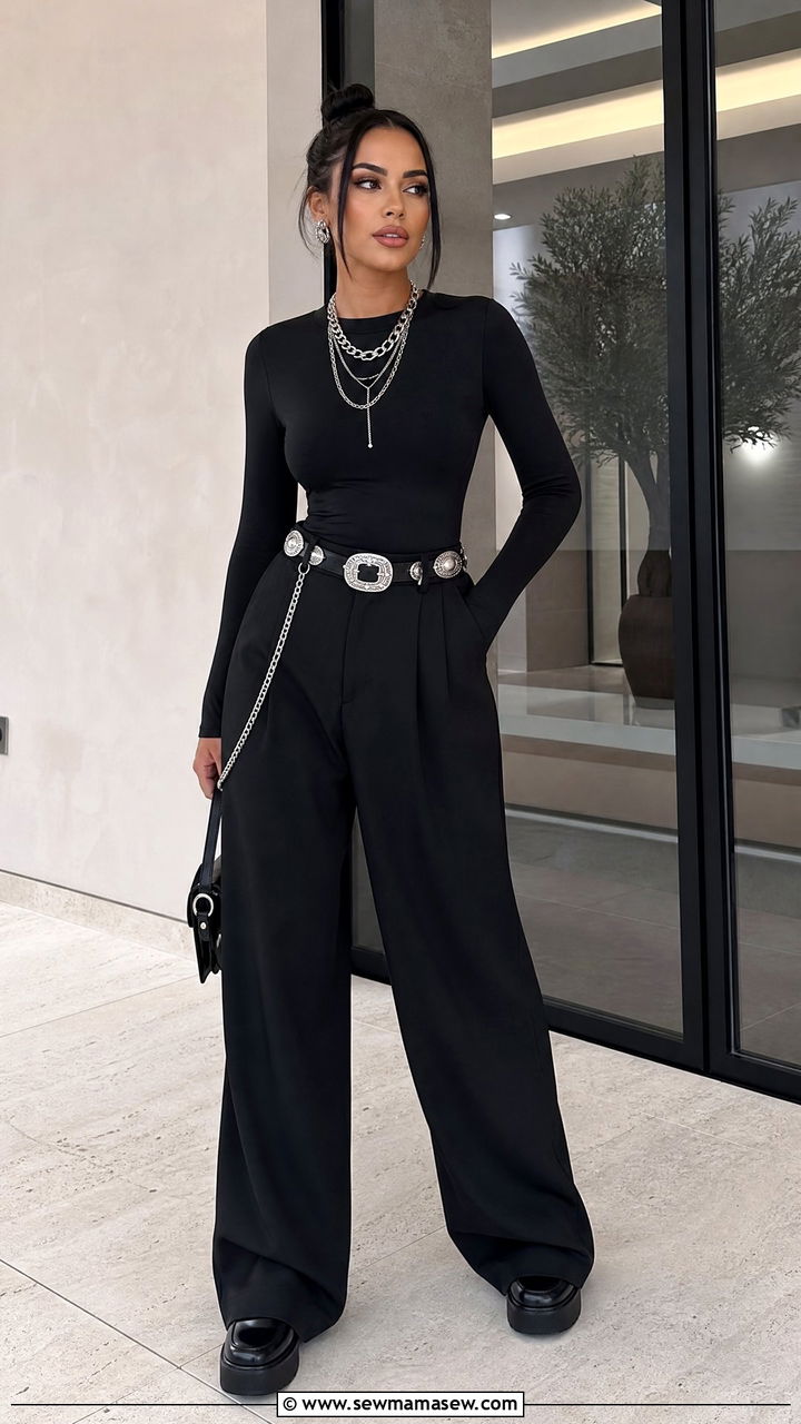 All Black Ensemble With Statement Belt And Chains - 40 grunge outfits ideas