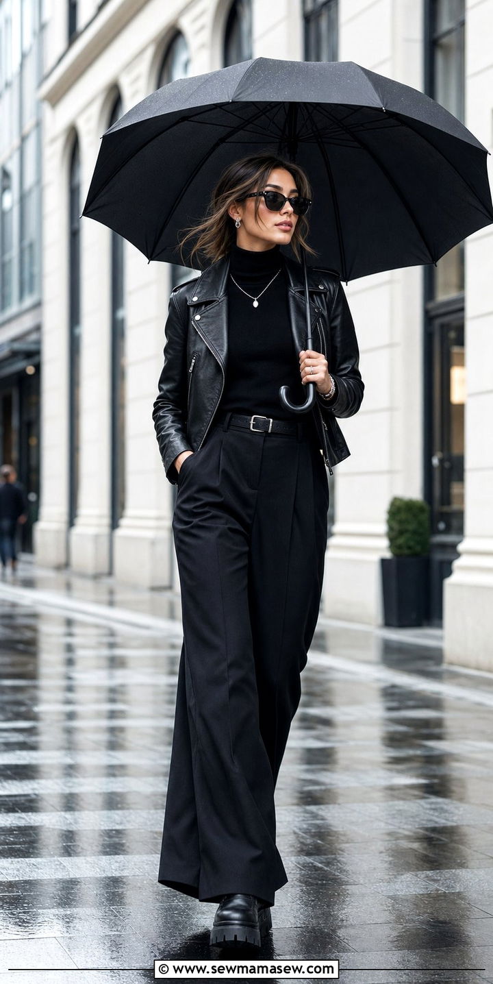 All Black Ensemble with Leather Jacket and Chunky Boots - 25 Drizzle outfit ideas