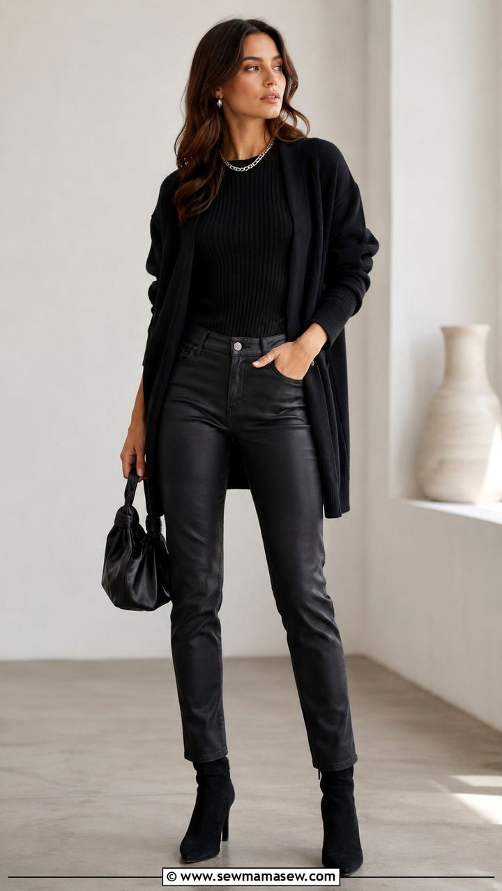 All Black Ensemble with Mixed Textures - 30 Shoulder season outfit ideas