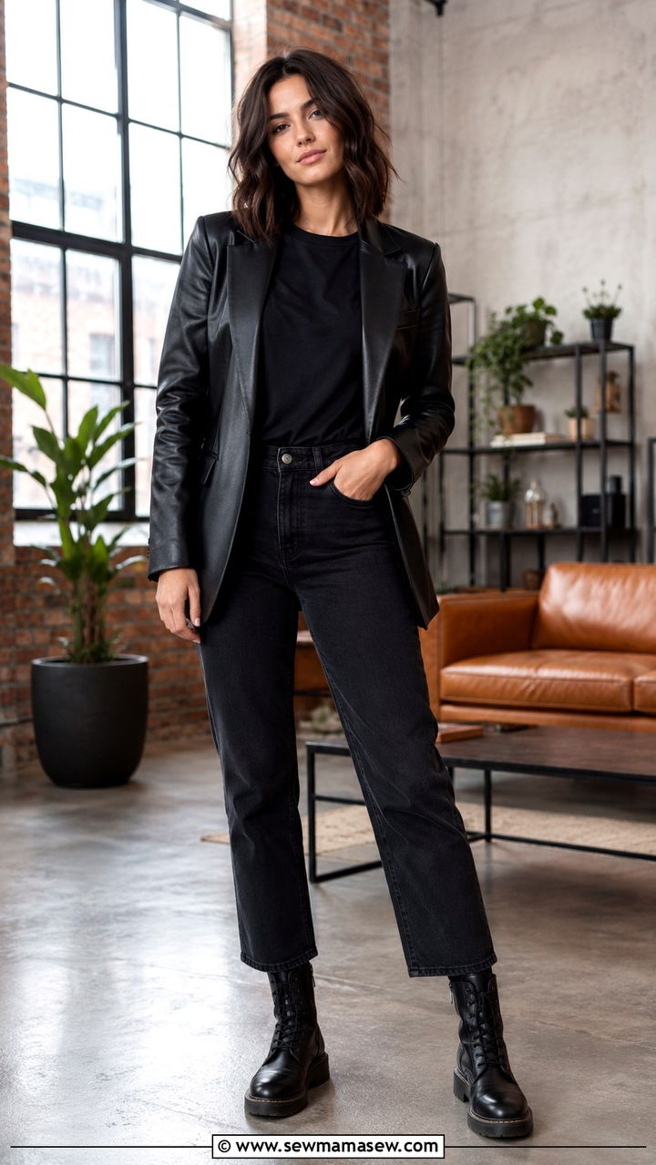All Black Ensemble with a Leather Blazer and Denim Jeans - 30 business casual outfits aesthetic