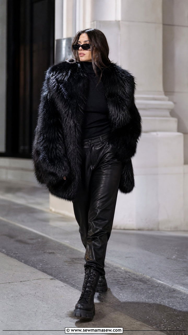 All Black Faux Fur Coat Outfit With Leather Trousers - 30 Faux fur coat outfit ideas
