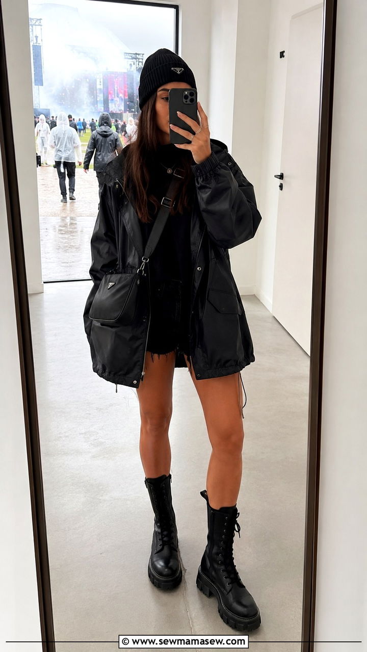 All Black Festival Outfit With Waterproof Jacket and Boots - 25 Rainy festival outfit ideas