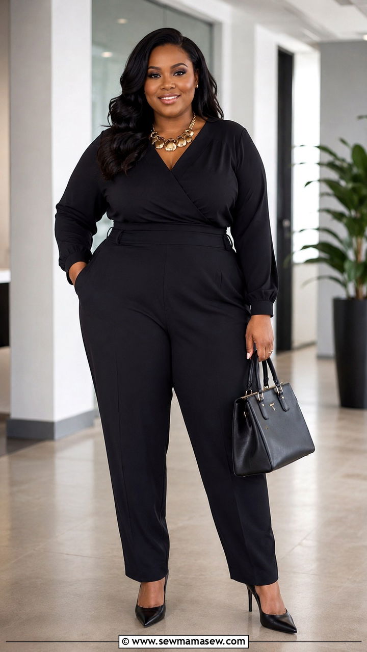All Black Fluid Jumpsuit With Structured Accessories - 25 Plus size work outfit ideas 2026