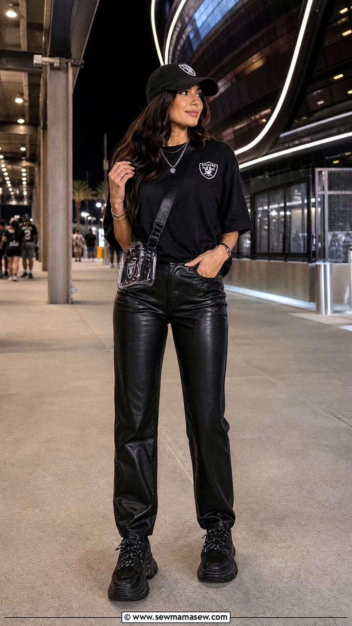 All Black Game Day Look With Leather Pants And Team Cap - 35 Gameday outfit ideas 2026